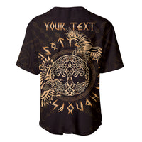 Black V-neck baseball jersey with gold raven graphic and 'YOUR TEXT' on back