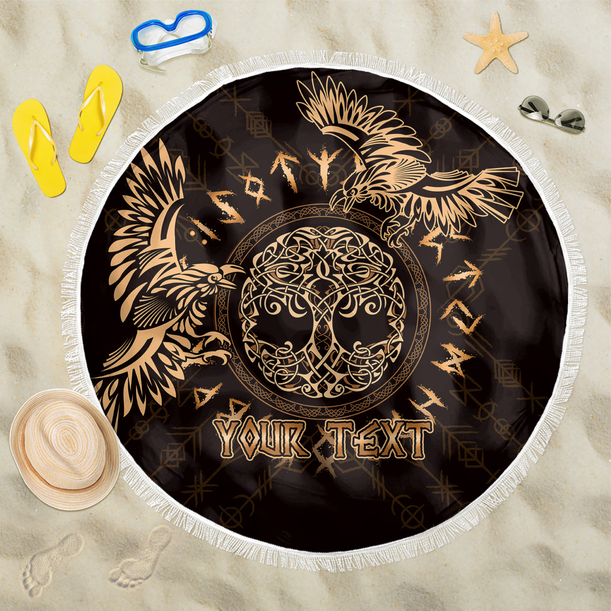 Personalized circular beach blanket with black and gold raven Celtic rune design, fringe edge