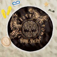 Personalized circular beach blanket with black and gold raven Celtic rune design, fringe edge