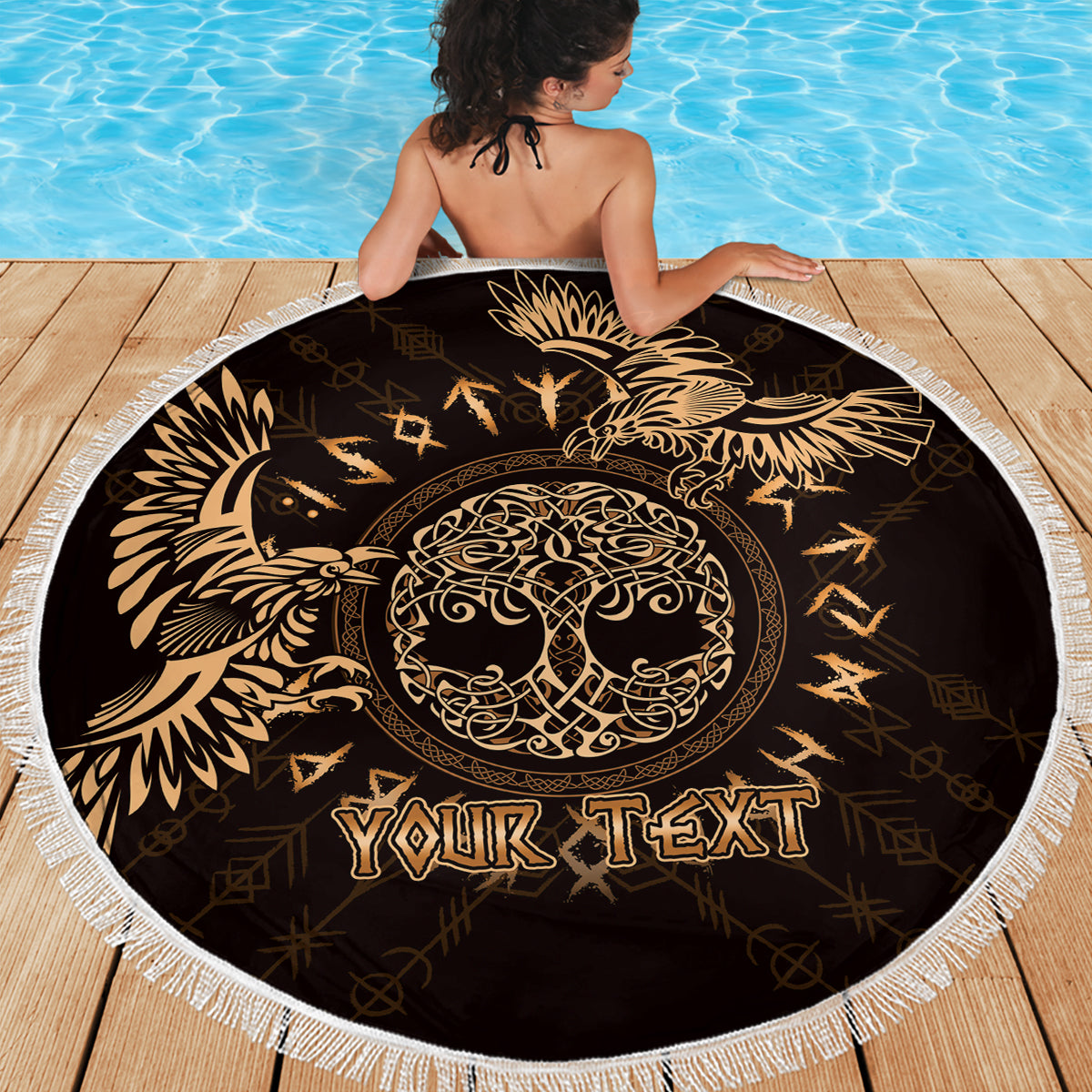 Circular beach blanket: black with gold raven Celtic crest and 'YOUR TEXT' fringe border