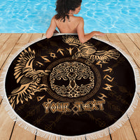 Circular beach blanket: black with gold raven Celtic crest and 'YOUR TEXT' fringe border