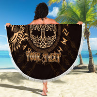Circular beach blanket in black with gold raven Celtic design and 'YOUR TEXT' fringe edge