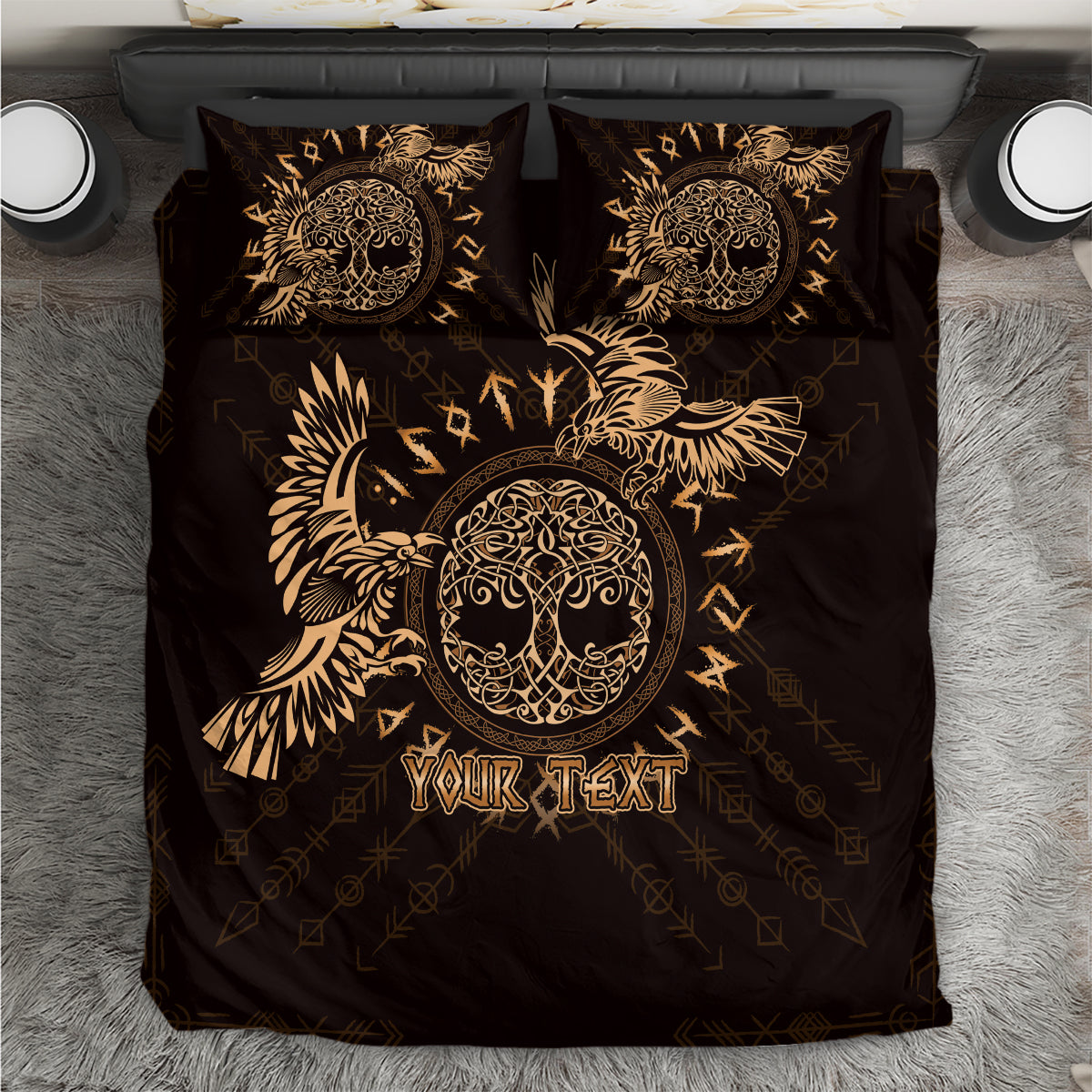 Black duvet cover bedding set with gold Celtic raven and circular emblem, two pillows