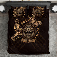 Black duvet cover bedding set with gold Celtic raven and circular emblem, two pillows