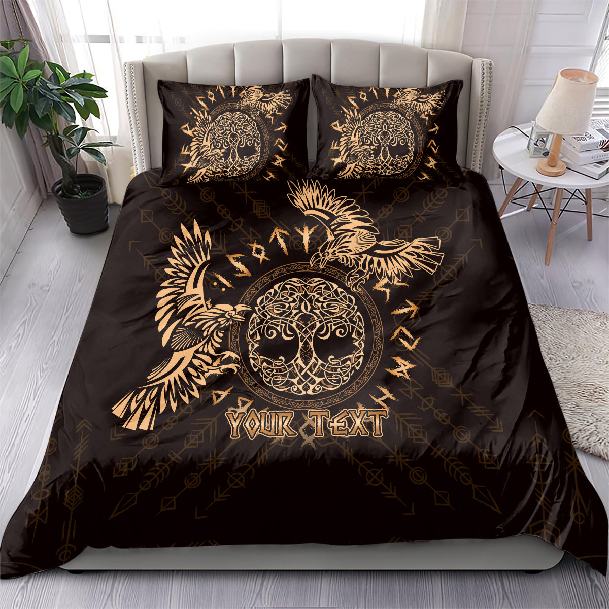 Black bedding set with gold raven artwork and 'Your Text' on duvet, two pillows