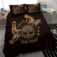 Black duvet cover with gold raven and Celtic circle design, two pillowcases
