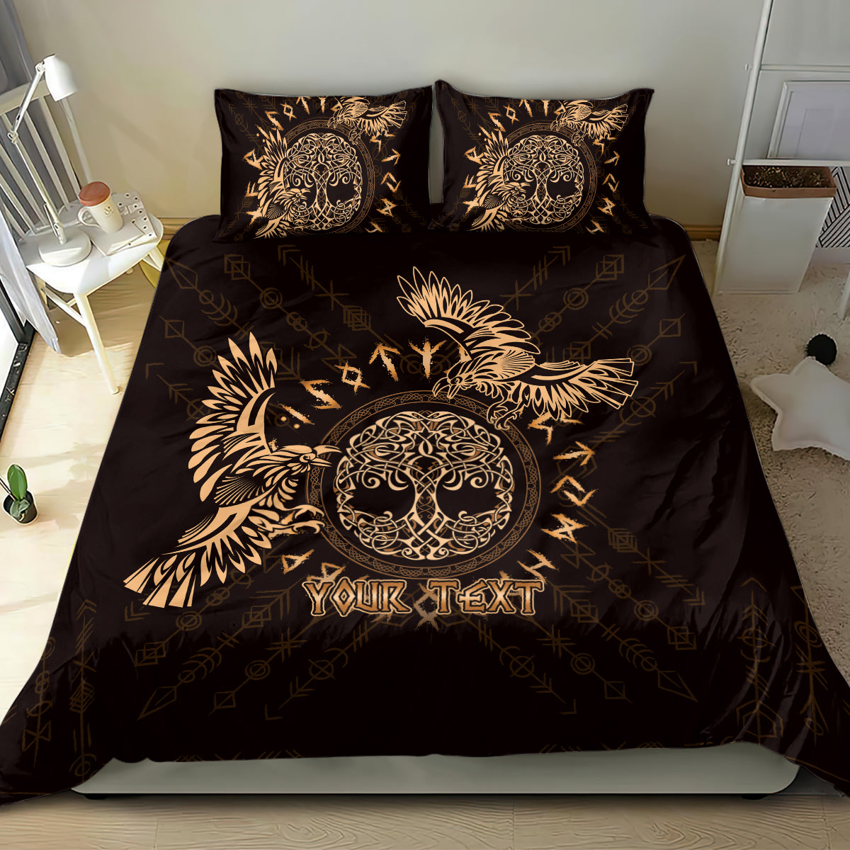 Black bedding set with gold raven and Celtic circle print, two decorative pillows
