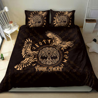 Black bedding set with gold raven and Celtic circle print, two decorative pillows