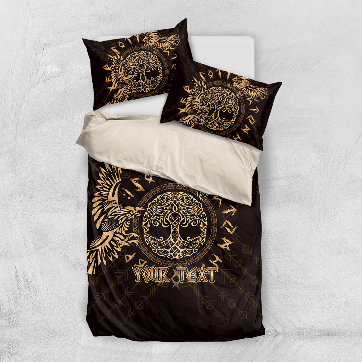 Black duvet cover set with gold raven emblem; two pillowcases, 'Your Text'