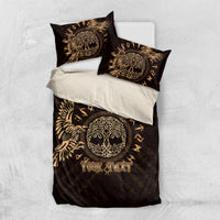 Black duvet cover set with gold raven emblem; two pillowcases, 'Your Text'