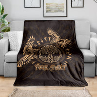 Personalized black throw blanket with gold Celtic raven emblem and 'Your Text'