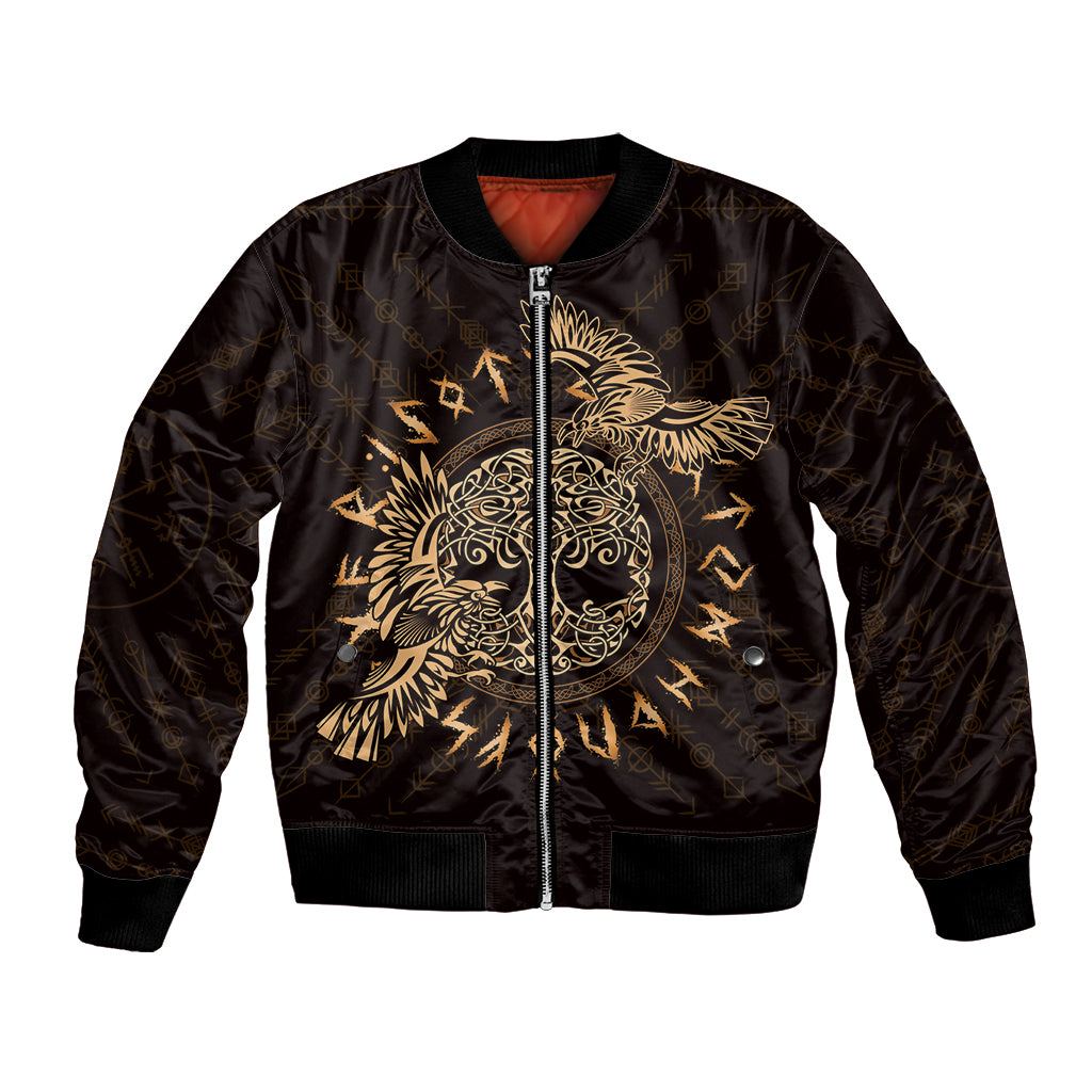 Unisex bomber jacket with gold raven and Celtic knot graphic, zip front