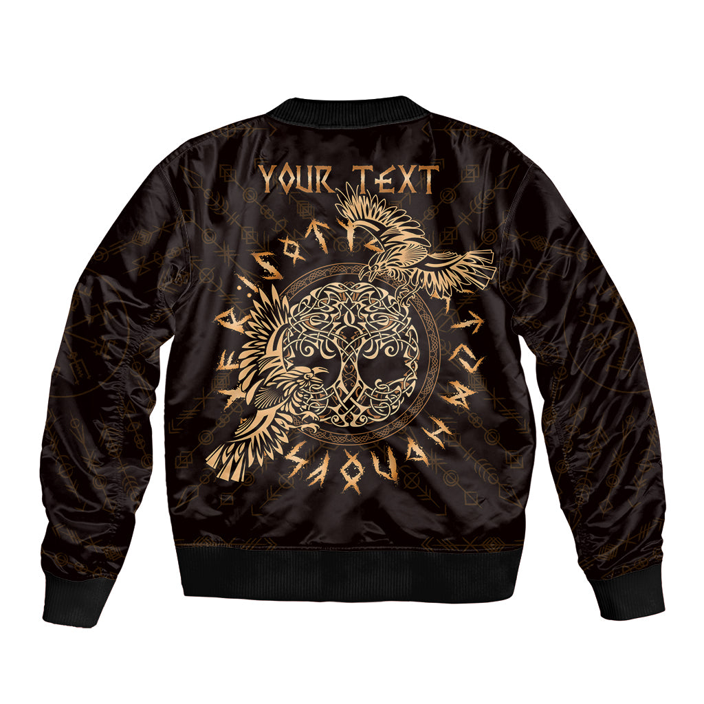 Unisex bomber jacket with gold back raven graphic and custom text placeholder, ribbed hem