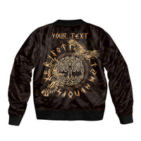 Unisex bomber jacket with gold back raven graphic and custom text placeholder, ribbed hem