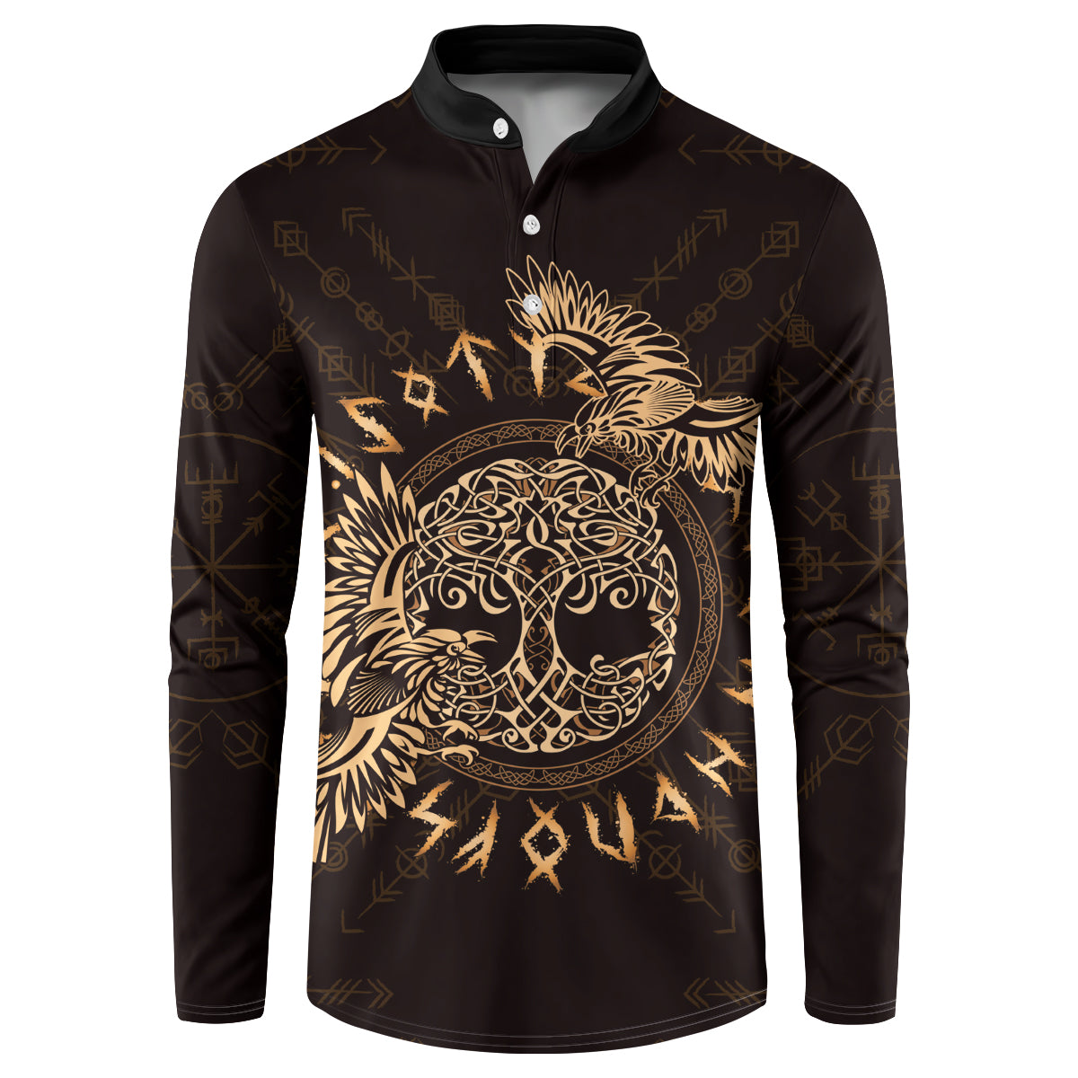 Dark button sweatshirt with gold raven Celtic graphic and buttoned polo collar