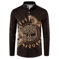 Dark button sweatshirt with gold raven Celtic graphic and buttoned polo collar
