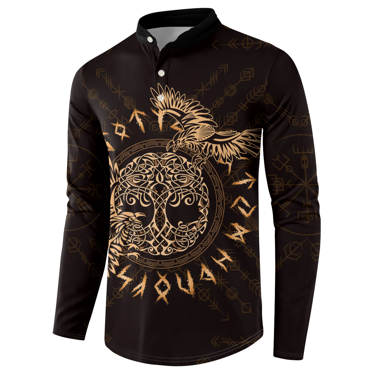 Dark button sweatshirt with gold raven Celtic graphic, front view with collar