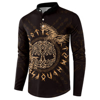 Dark button sweatshirt with gold raven Celtic graphic, front view with collar