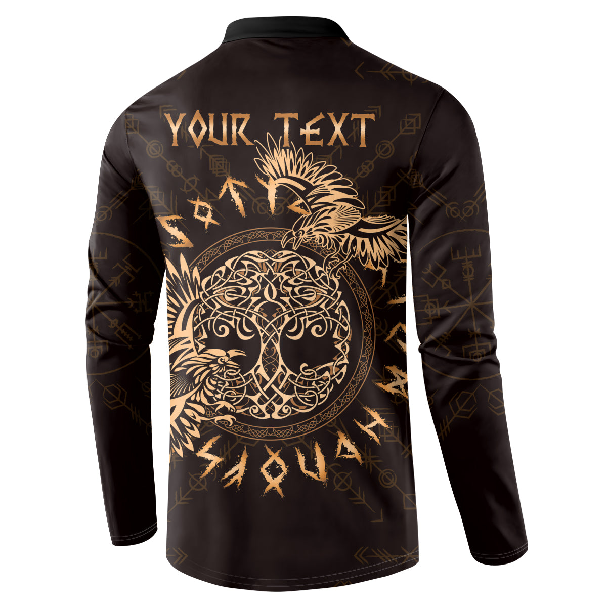 Dark button sweatshirt with gold raven Celtic graphic and 'YOUR TEXT' back print