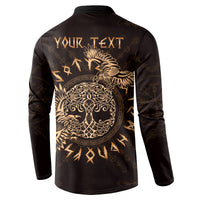 Dark button sweatshirt with gold raven Celtic graphic and 'YOUR TEXT' back print