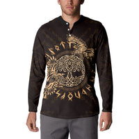 Dark button sweatshirt with gold raven Celtic graphic, worn front view