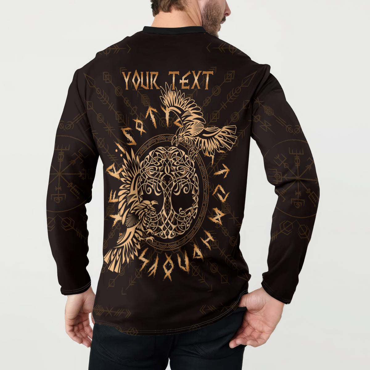 Dark button sweatshirt with gold raven Celtic graphic, back view