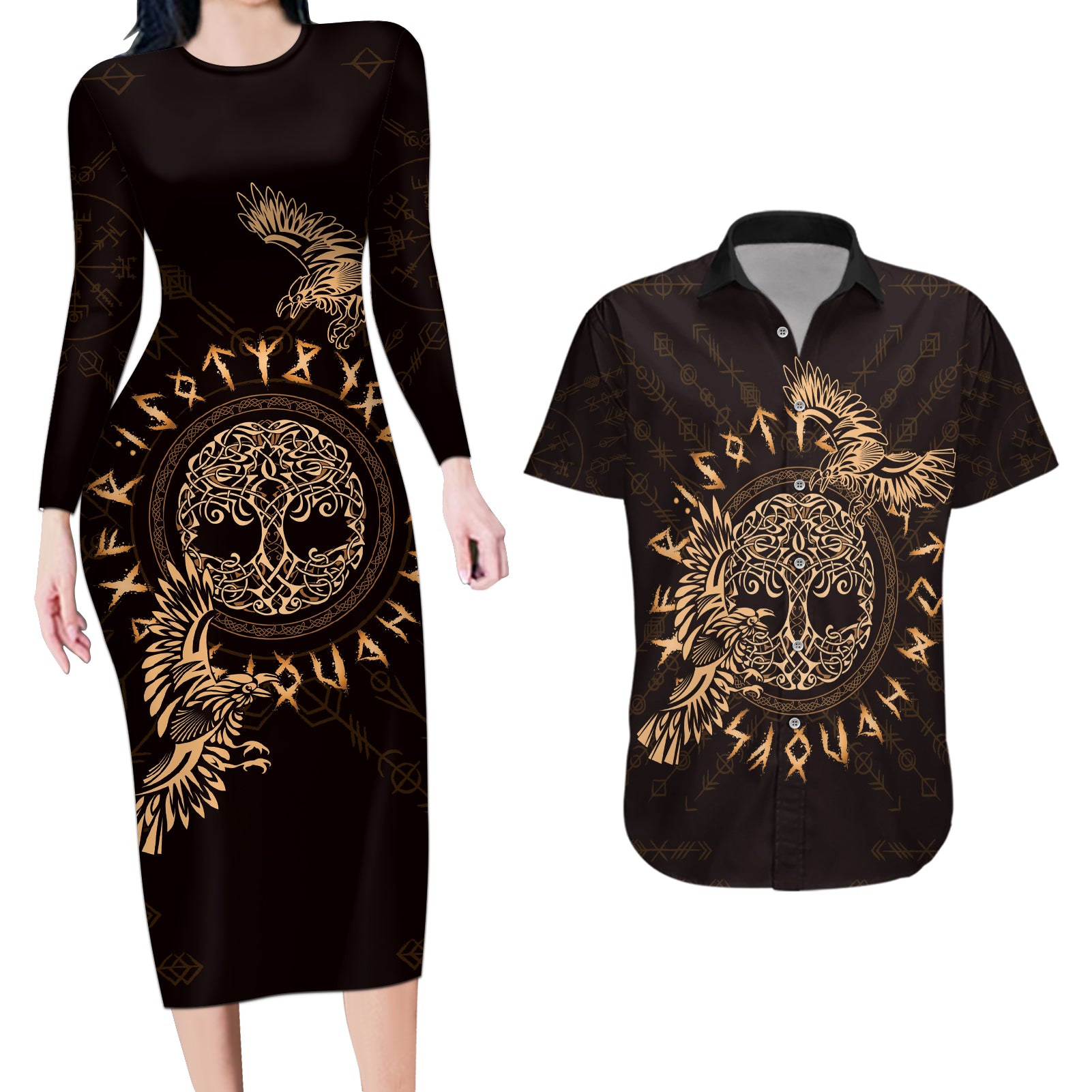 Personalized Odin's Celtic Raven Couples Matching Long Sleeve Bodycon Dress and Hawaiian Shirt Gold Scandinavian Tattoo LT9 - Wonder Print Shop