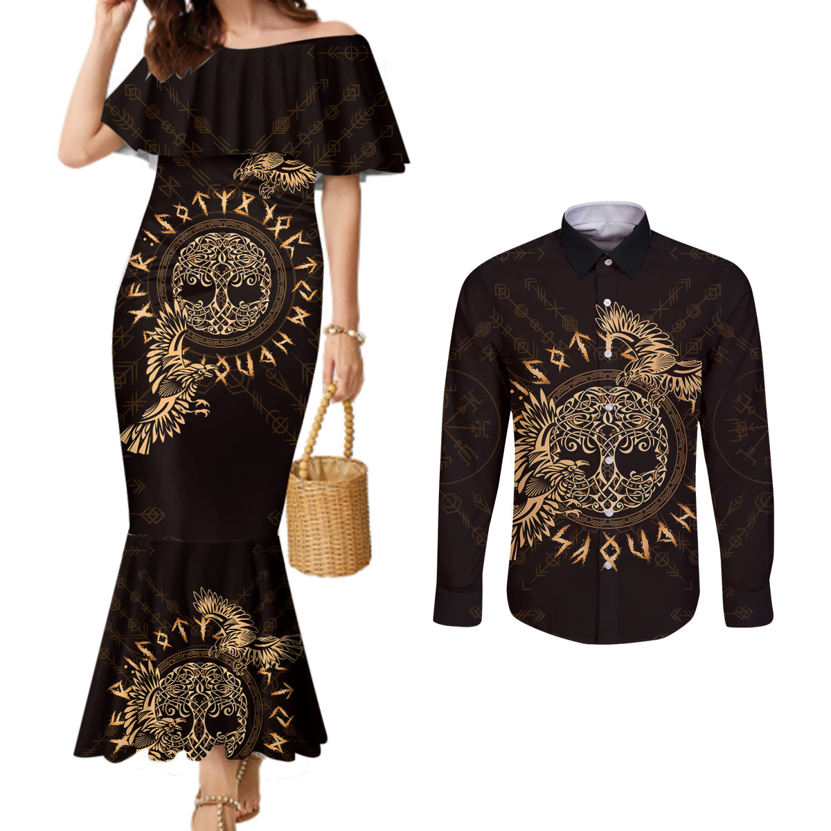 Personalized Odin's Celtic Raven Couples Matching Mermaid Dress and Long Sleeve Button Shirt Gold Scandinavian Tattoo