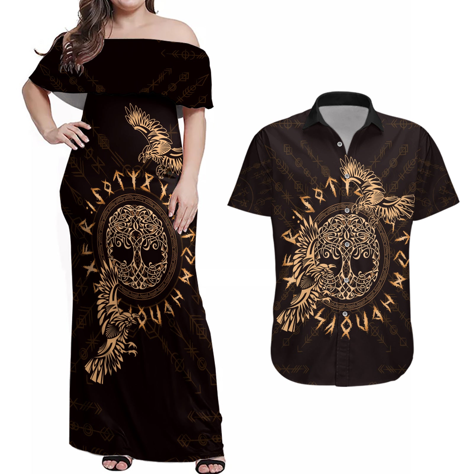 Personalized Odin's Celtic Raven Couples Matching Off Shoulder Maxi Dress and Hawaiian Shirt Gold Scandinavian Tattoo LT9 - Wonder Print Shop