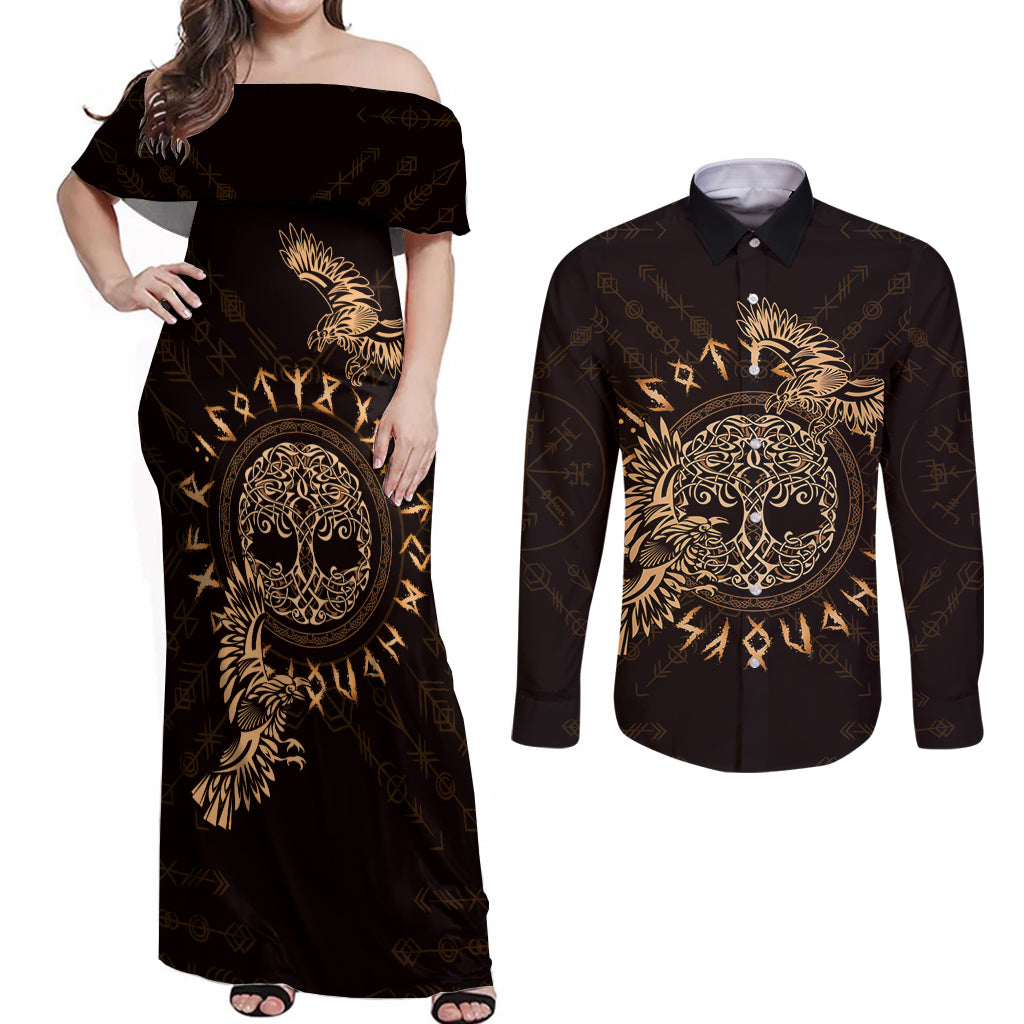 Personalized Odin's Celtic Raven Couples Matching Off Shoulder Maxi Dress and Long Sleeve Button Shirt Gold Scandinavian Tattoo LT9 - Wonder Print Shop