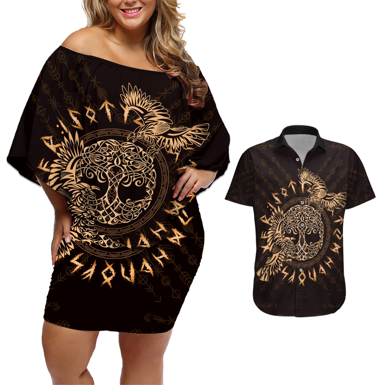 Personalized Odin's Celtic Raven Couples Matching Off Shoulder Short Dress and Hawaiian Shirt Gold Scandinavian Tattoo LT9 - Wonder Print Shop