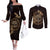 Personalized Odin's Celtic Raven Couples Matching Off The Shoulder Long Sleeve Dress and Long Sleeve Button Shirt Gold Scandinavian Tattoo