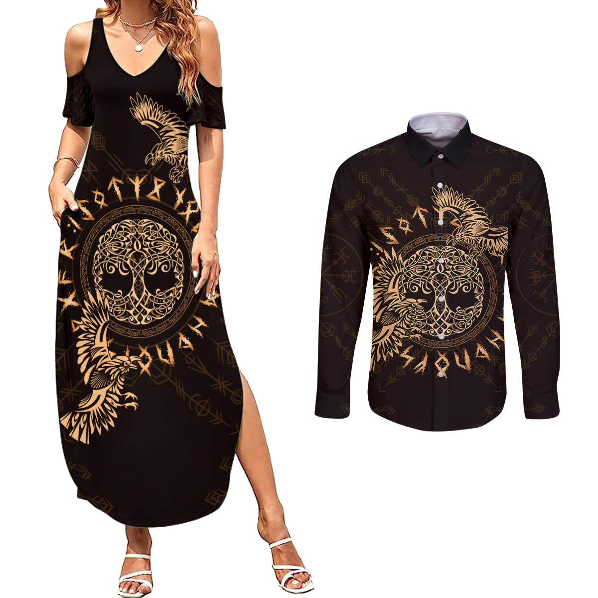 Personalized Odin's Celtic Raven Couples Matching Summer Maxi Dress and Long Sleeve Button Shirt Gold Scandinavian Tattoo LT9 - Wonder Print Shop