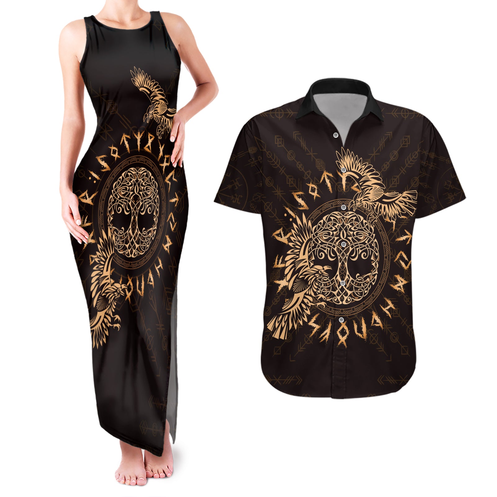 Personalized Odin's Celtic Raven Couples Matching Tank Maxi Dress and Hawaiian Shirt Gold Scandinavian Tattoo LT9 - Wonder Print Shop