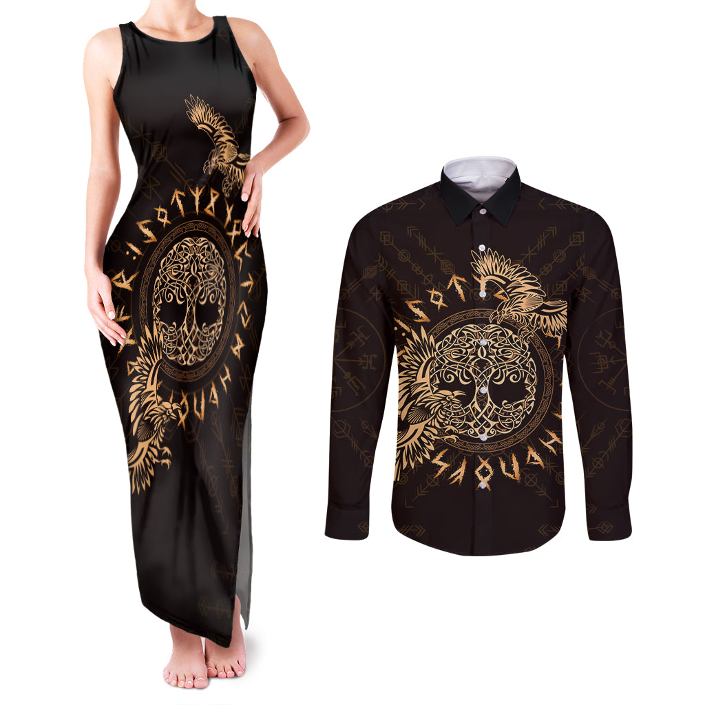 Personalized Odin's Celtic Raven Couples Matching Tank Maxi Dress and Long Sleeve Button Shirt Gold Scandinavian Tattoo LT9 - Wonder Print Shop