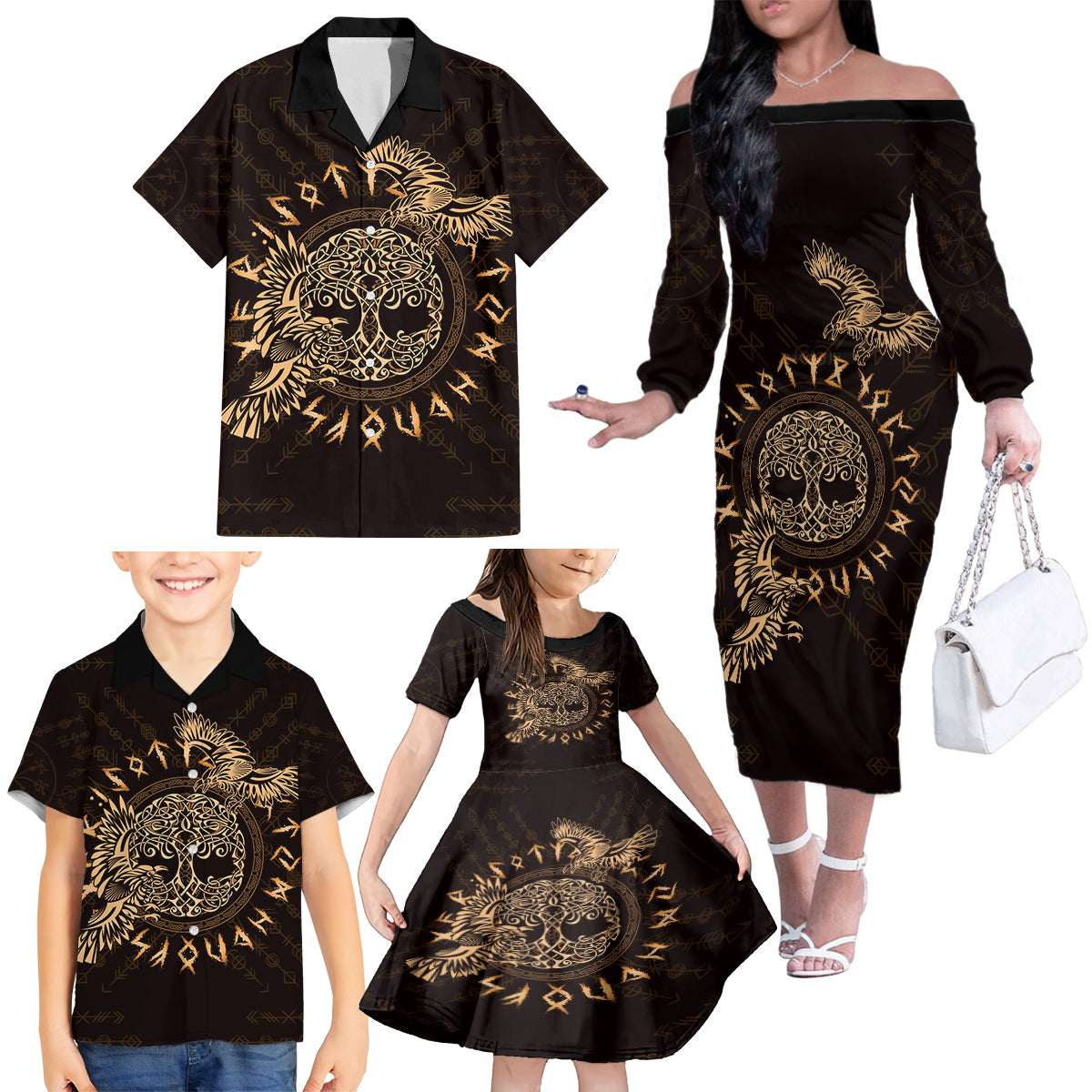 Personalized Odin's Celtic Raven Family Matching Off The Shoulder Long Sleeve Dress and Hawaiian Shirt Gold Scandinavian Tattoo - Wonder Print Shop