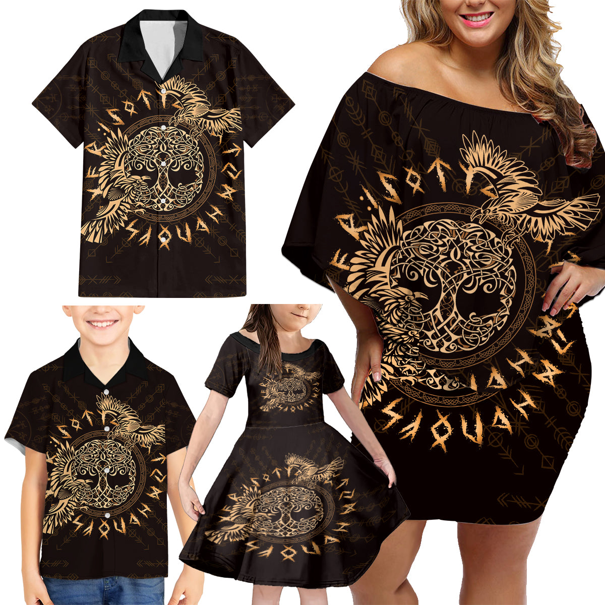 Personalized Odin's Celtic Raven Family Matching Off Shoulder Short Dress and Hawaiian Shirt Gold Scandinavian Tattoo LT9 - Wonder Print Shop