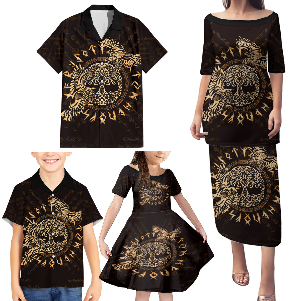 Personalized Odin's Celtic Raven Family Matching Puletasi and Hawaiian Shirt Gold Scandinavian Tattoo - Wonder Print Shop