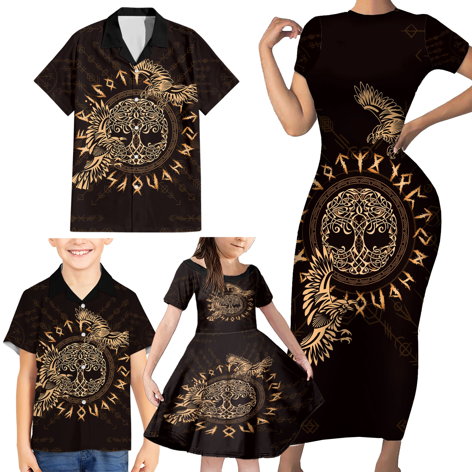 Personalized Odin's Celtic Raven Family Matching Short Sleeve Bodycon Dress and Hawaiian Shirt Gold Scandinavian Tattoo - Wonder Print Shop