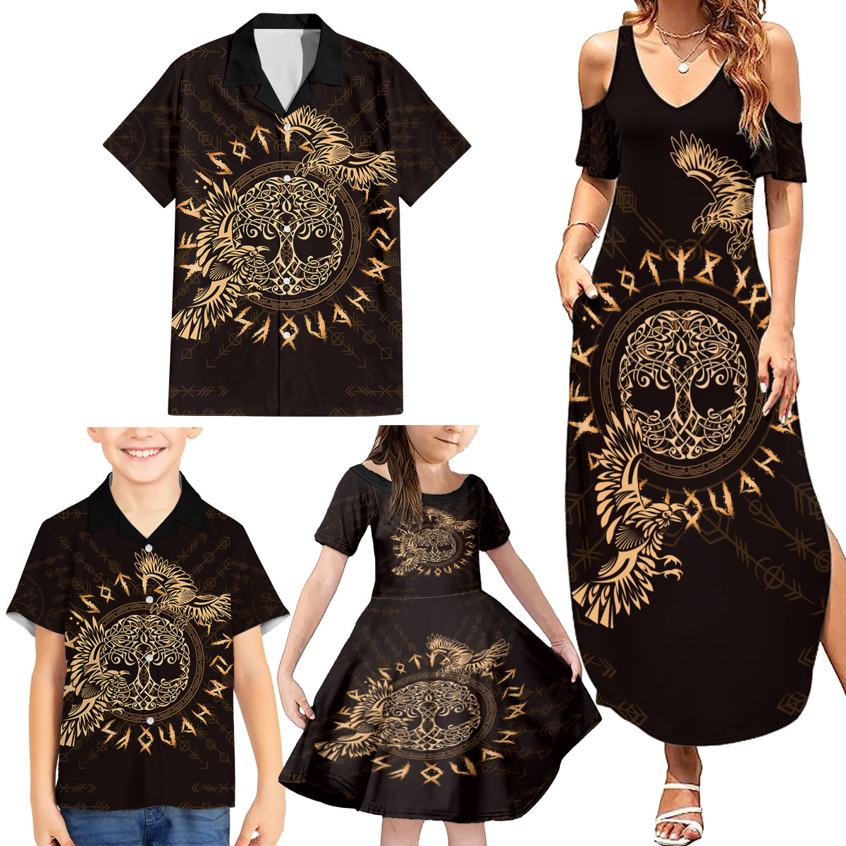 Personalized Odin's Celtic Raven Family Matching Summer Maxi Dress and Hawaiian Shirt Gold Scandinavian Tattoo - Wonder Print Shop