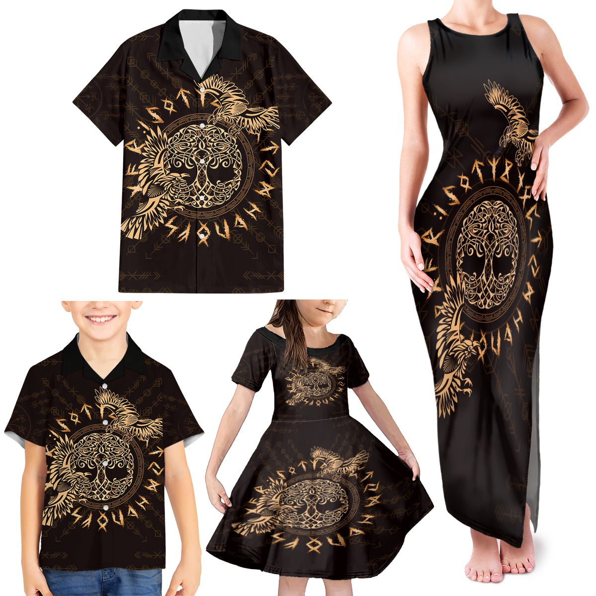 Personalized Odin's Celtic Raven Family Matching Tank Maxi Dress and Hawaiian Shirt Gold Scandinavian Tattoo - Wonder Print Shop