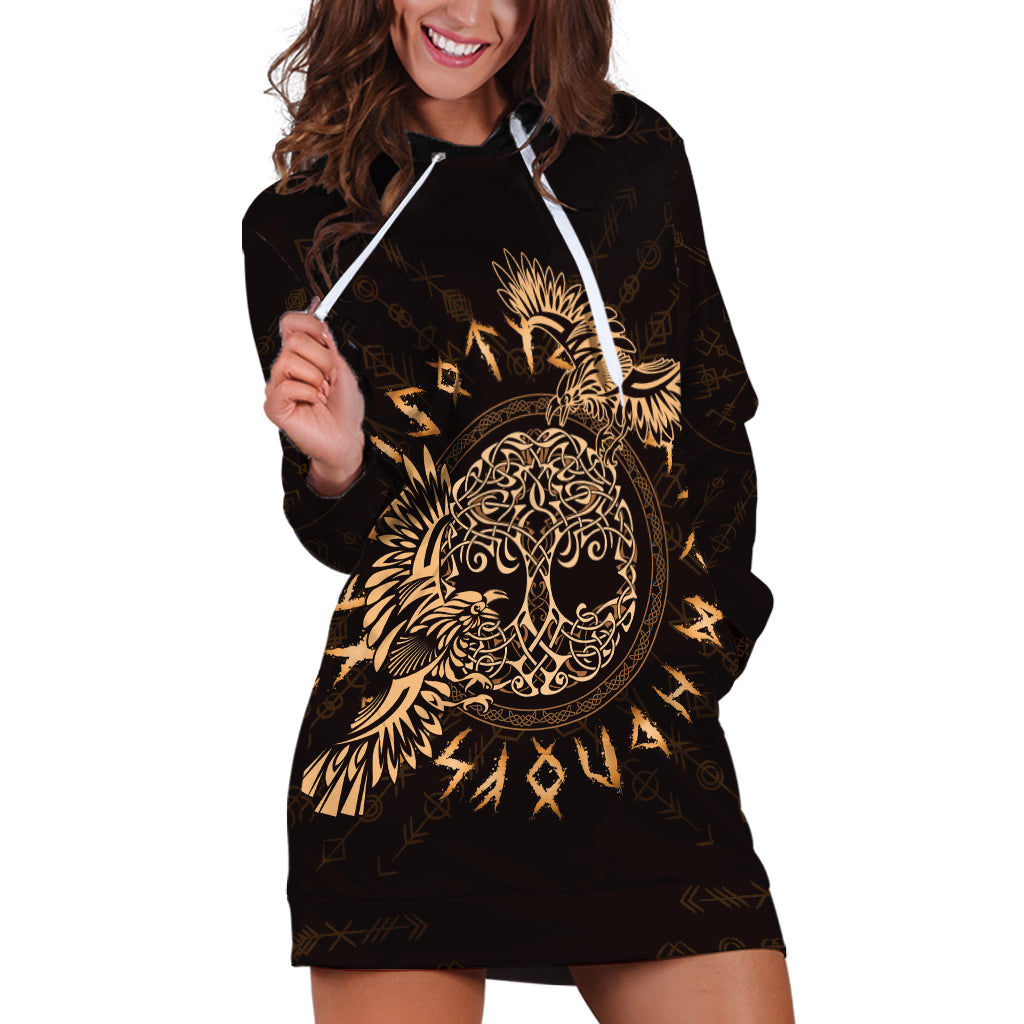 Personalized Odin's Celtic Raven Hoodie Dress Gold Scandinavian Tattoo - Wonder Print Shop