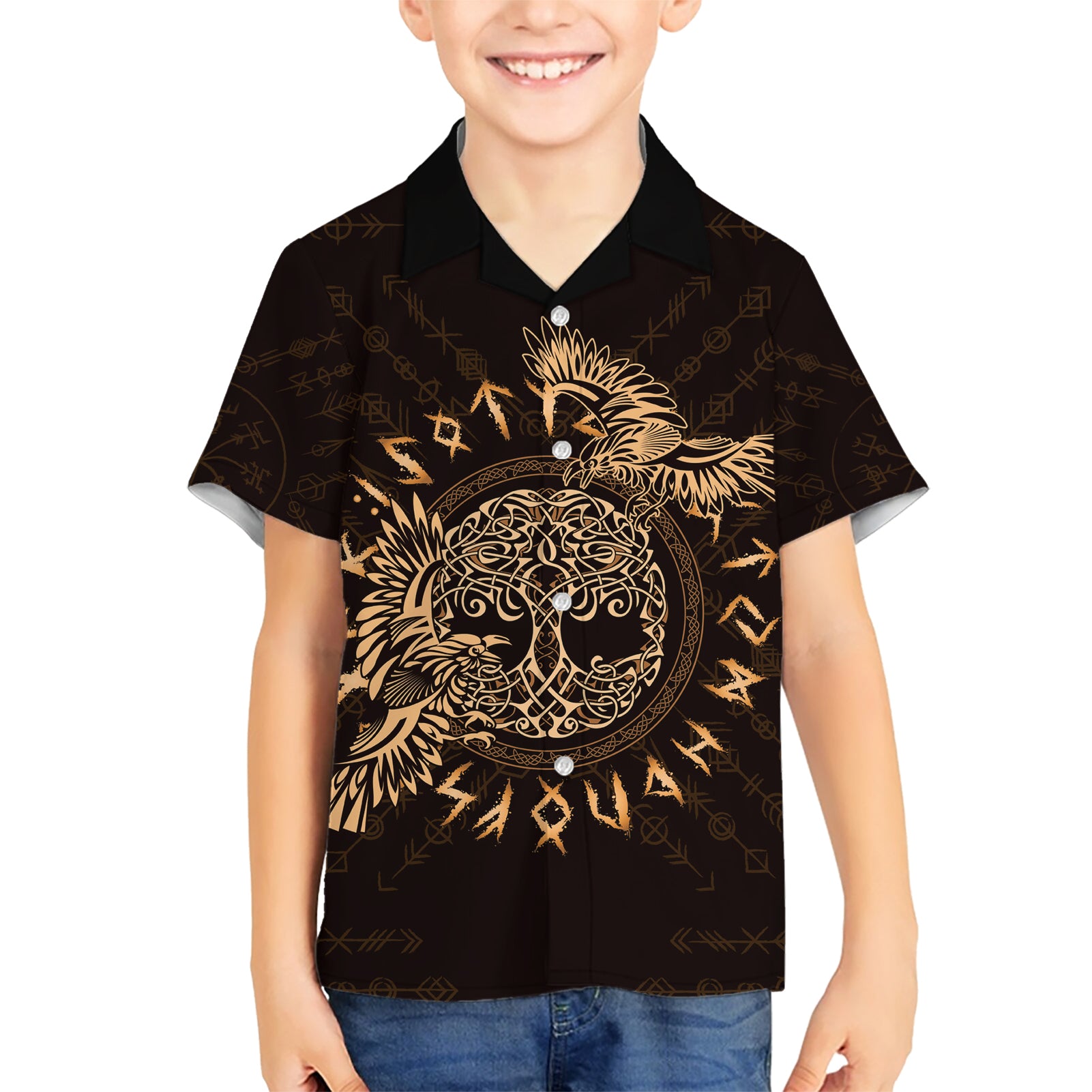 Personalized Odin's Celtic Raven Kid Hawaiian Shirt Gold Scandinavian Tattoo - Wonder Print Shop