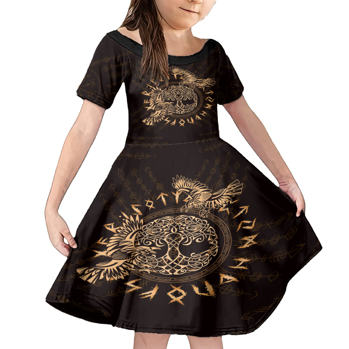 Personalized Odin's Celtic Raven Kid Short Sleeve Dress Gold Scandinavian Tattoo - Wonder Print Shop