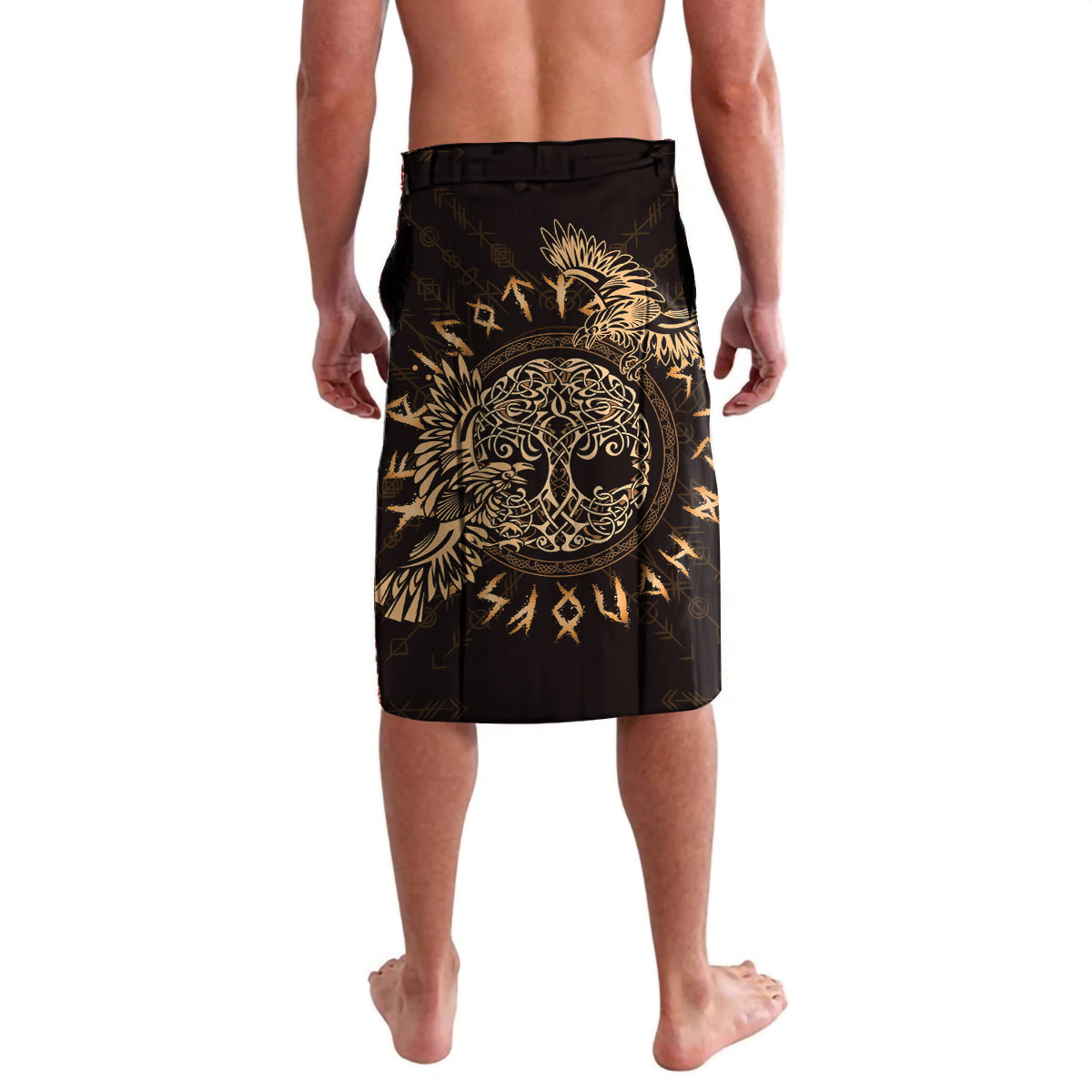 Men's lavalava skirt with gold raven and rune tattoo graphic, black base