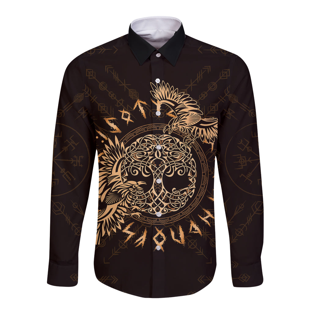 Dark long-sleeve button shirt with gold Celtic raven and circular tree design