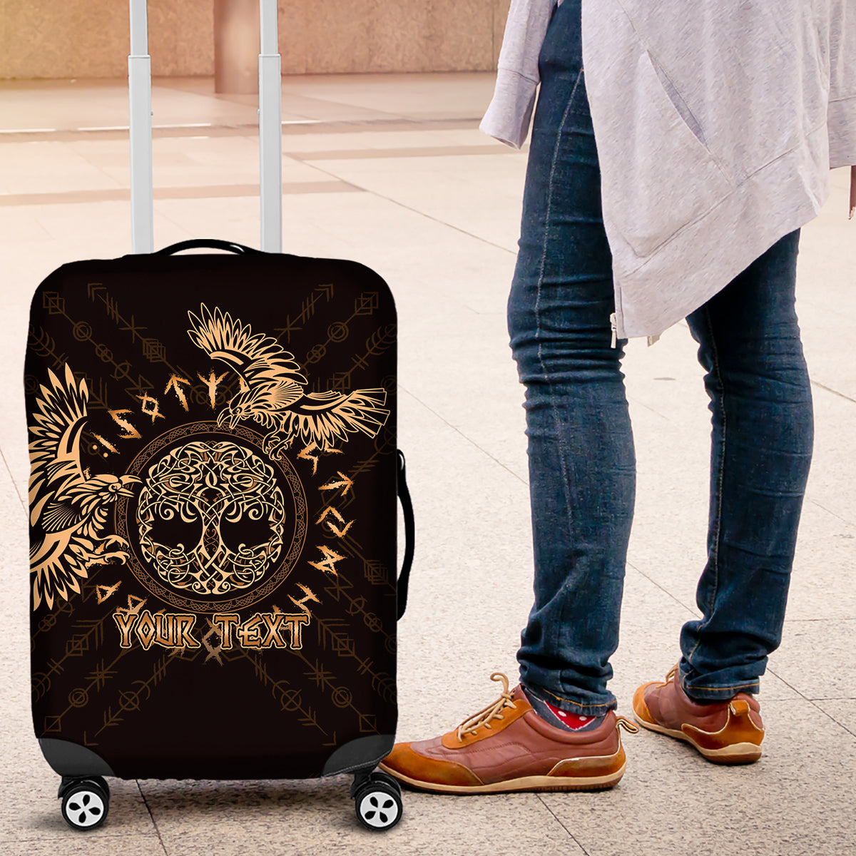 Personalized Odin's Celtic Raven Luggage Cover Gold Scandinavian Tattoo - Wonder Print Shop