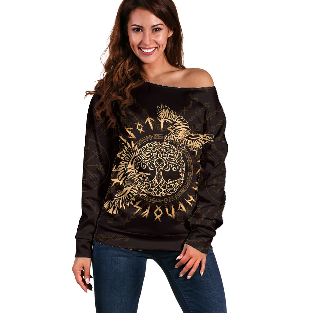 Personalized Odin's Celtic Raven Off Shoulder Sweater Gold Scandinavian Tattoo - Wonder Print Shop