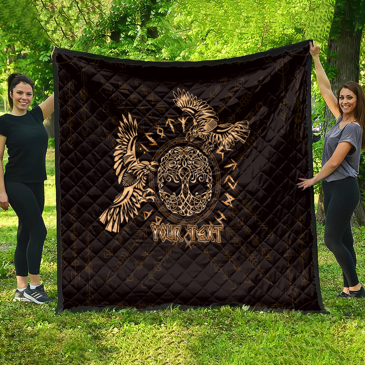 Black quilt featuring a gold Celtic raven skull center design, diamond pattern, 'Your Text'.