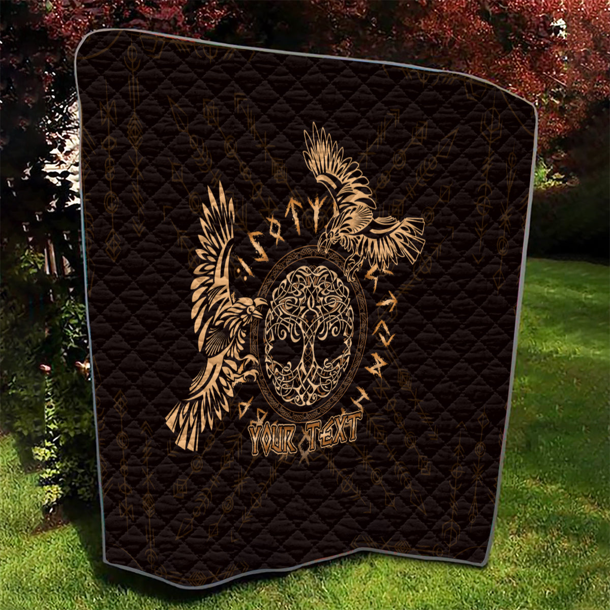 Black quilt blanket with gold raven skull tattoo art, diamond quilting and 'Your Text'.